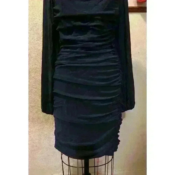 Fashion Square Neck Long Sleeve Ruched Bodycon Dress Blue Size XL - Picture 3 of 12